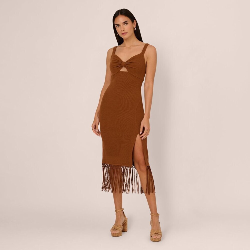 Adrianna Papell Knit Fringe Trim Midi Dress – Light Brown – NWT – Size 12 - Picture 2 of 6